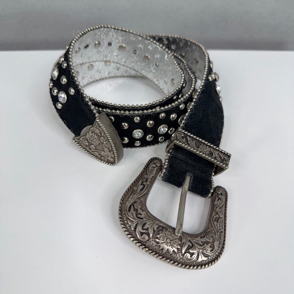 GUESS Belt Womens Large Black Solid Studded Rhinestone Western Y2K Glam